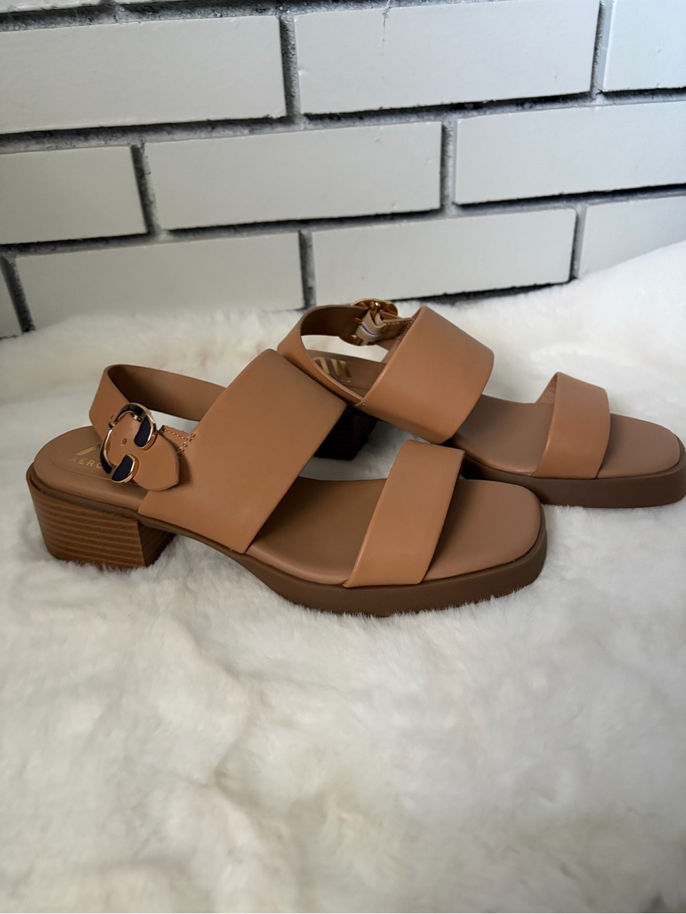 AEROSOLES Tan Wide-Strap Low Block Heel Sandals